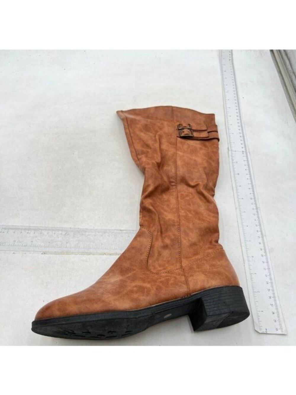 Women Round Toe Flat Riding Knee High Boots Wide Calf Buckled Strappy Boot Brown